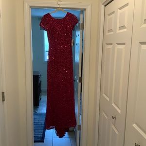 Adrianna Papell scoop back sequin gown in burgundy glow